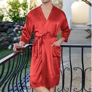 Men’s Red Lightweight Silky Satin Robe Kimono Bathrobe 3/4 Sleeve with Pockets